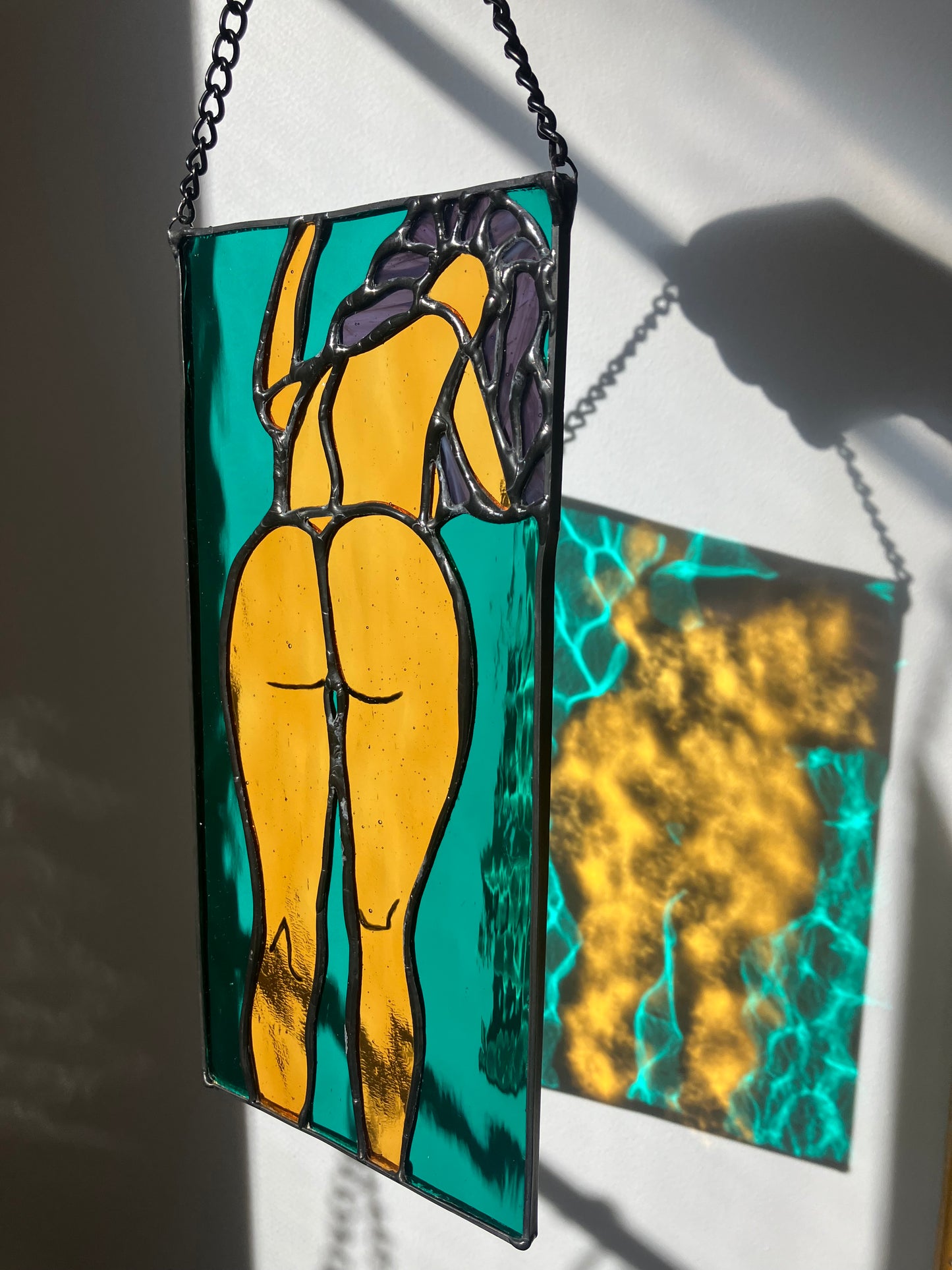 Look Back portrait - teal and yellow water glass