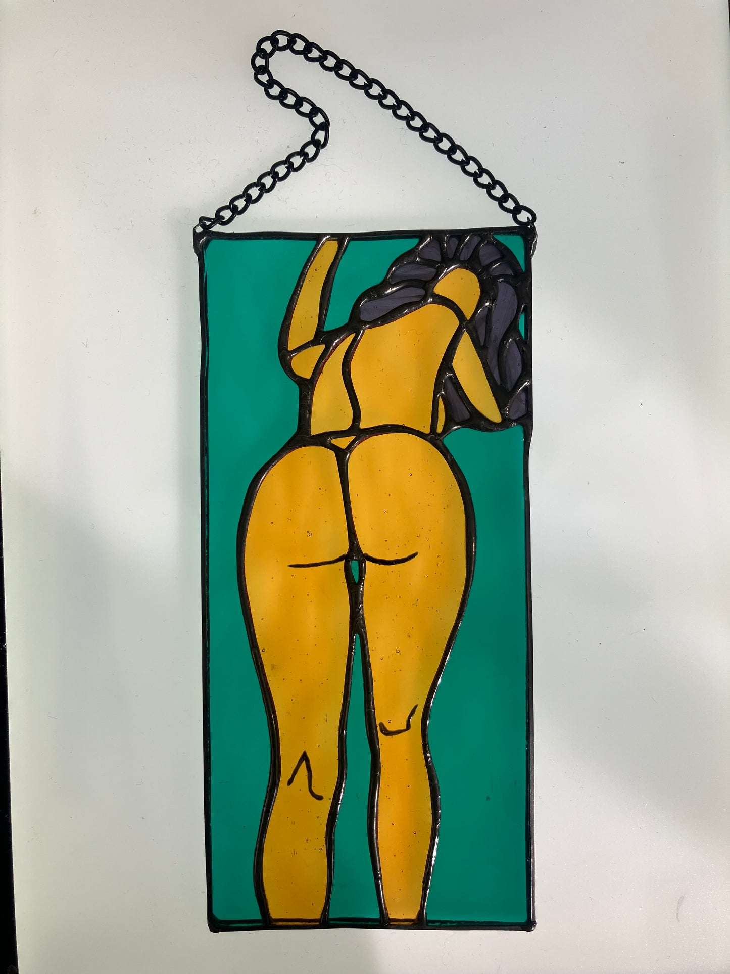 Look Back portrait - teal and yellow water glass