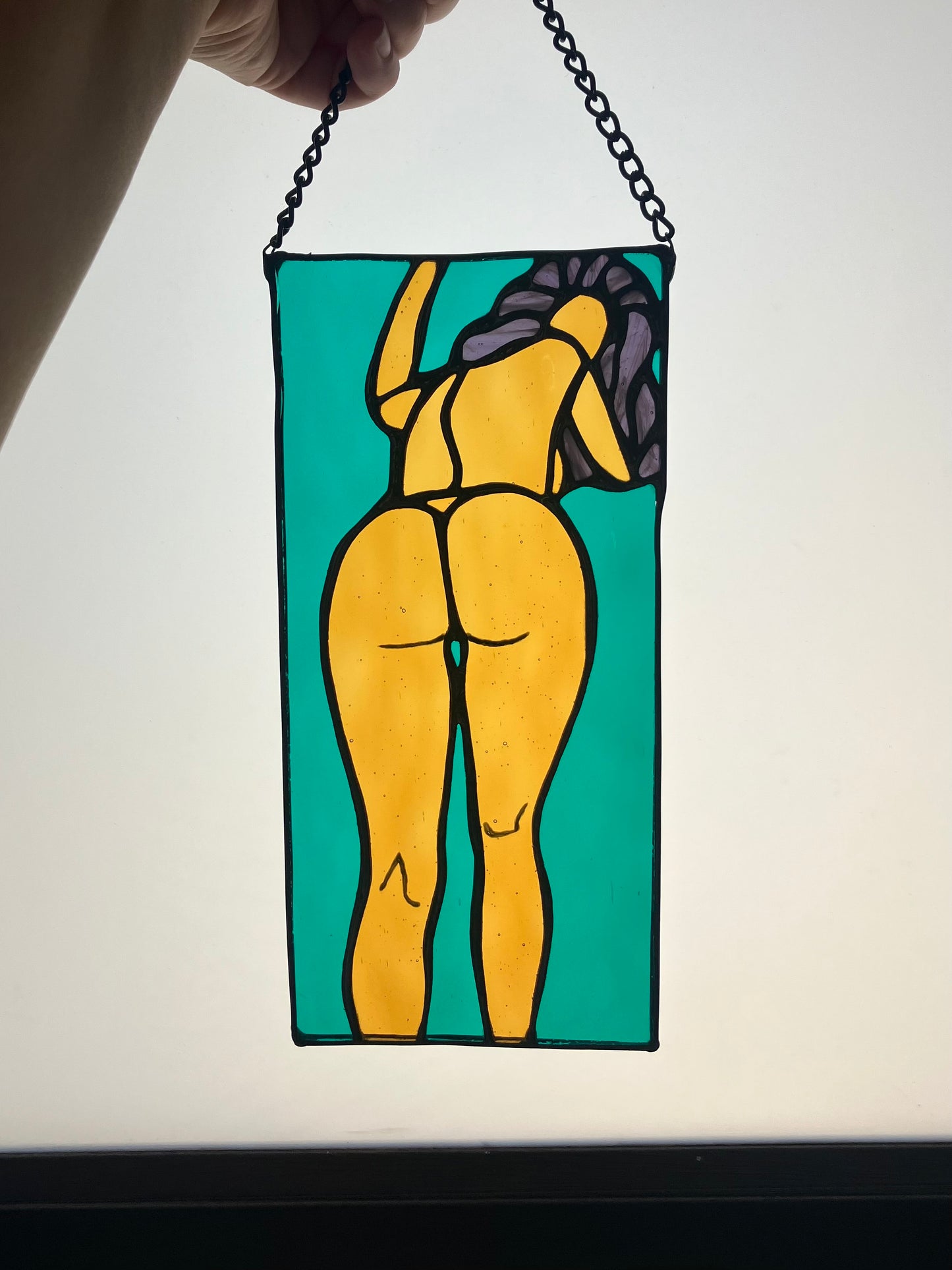 Look Back portrait - teal and yellow water glass