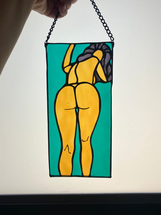 A Look Back portrait - teal and yellow water glass