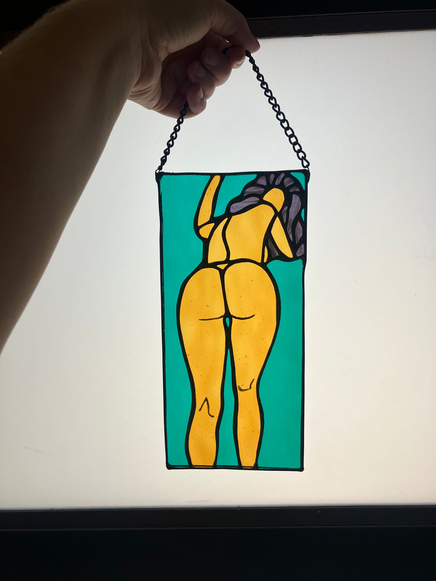 Look Back portrait - teal and yellow water glass