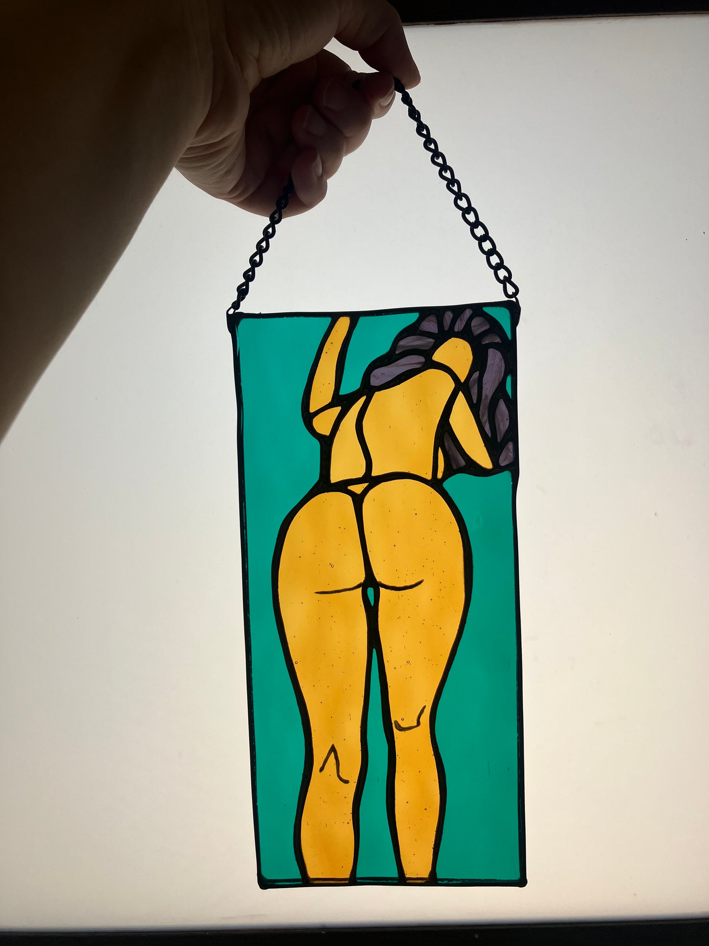 Look Back portrait - teal and yellow water glass