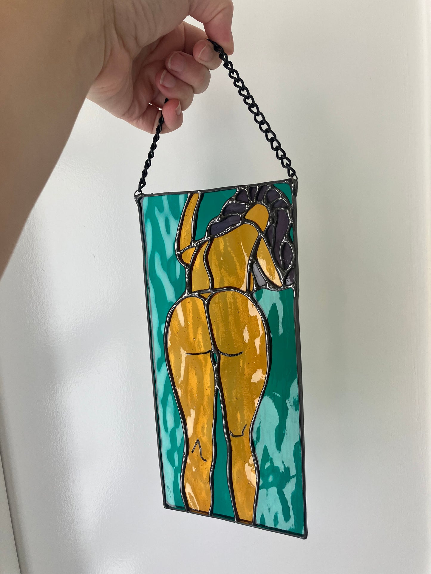 Look Back portrait - teal and yellow water glass