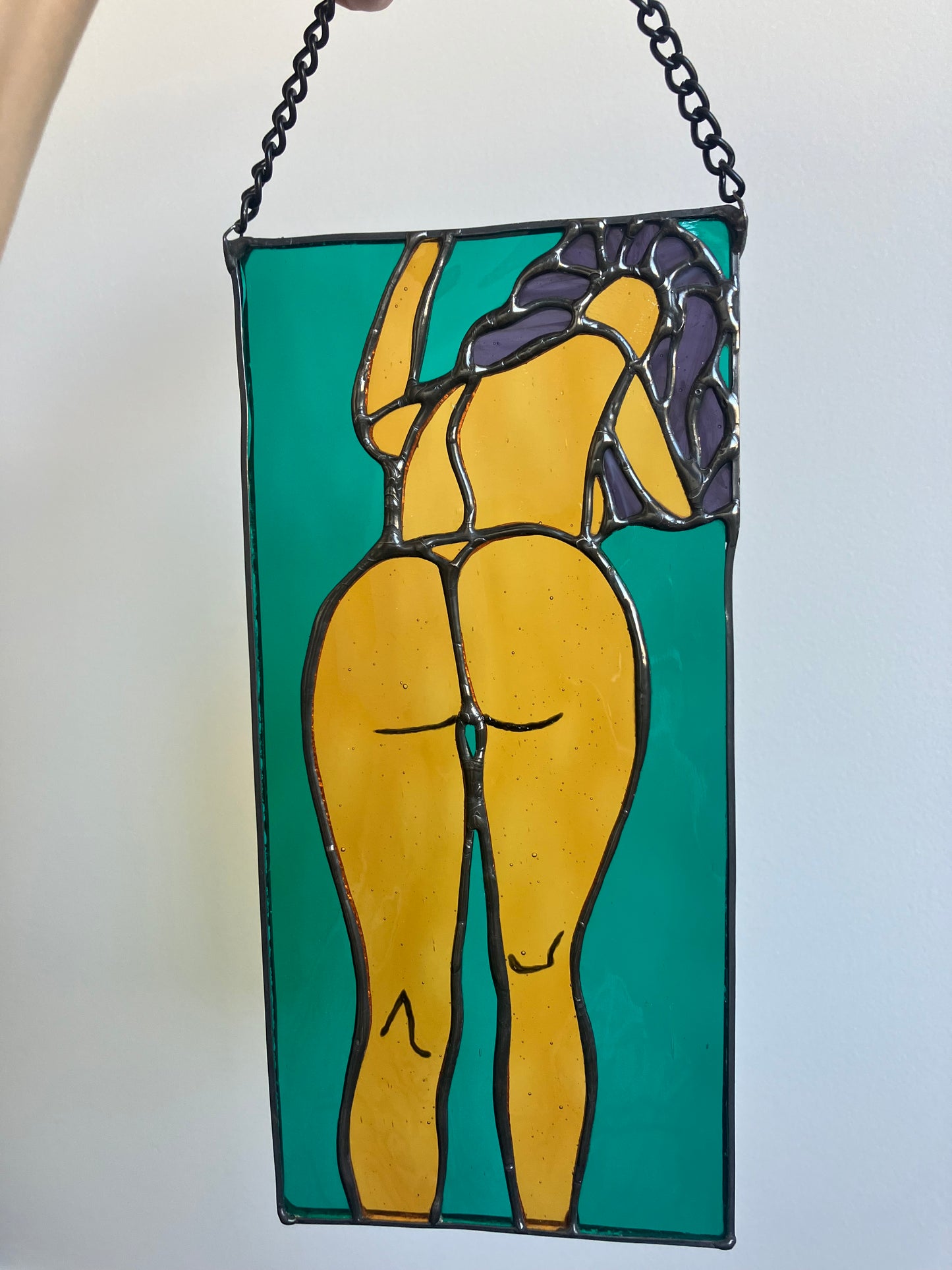 Look Back portrait - teal and yellow water glass